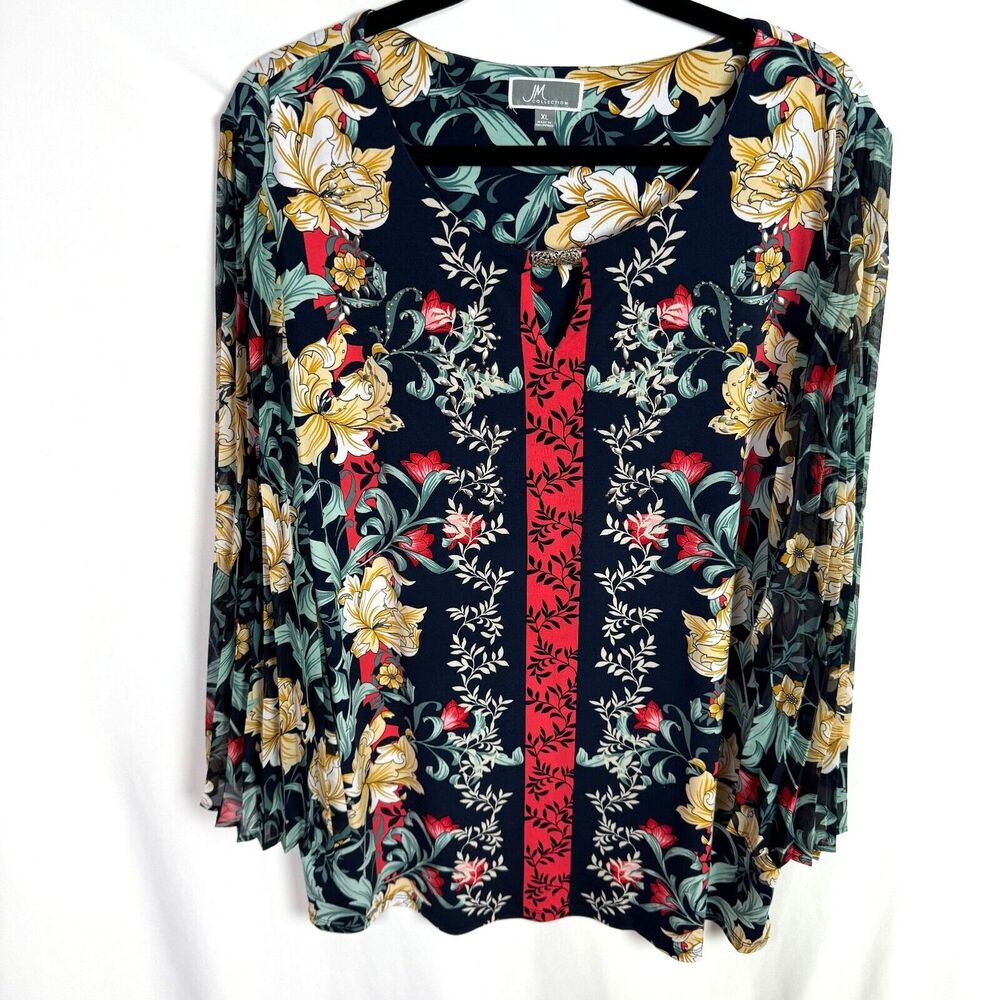 JM Collection Women's Tunic Top Size 3X Blue Floral Print 3/4 Accordion Sleeves